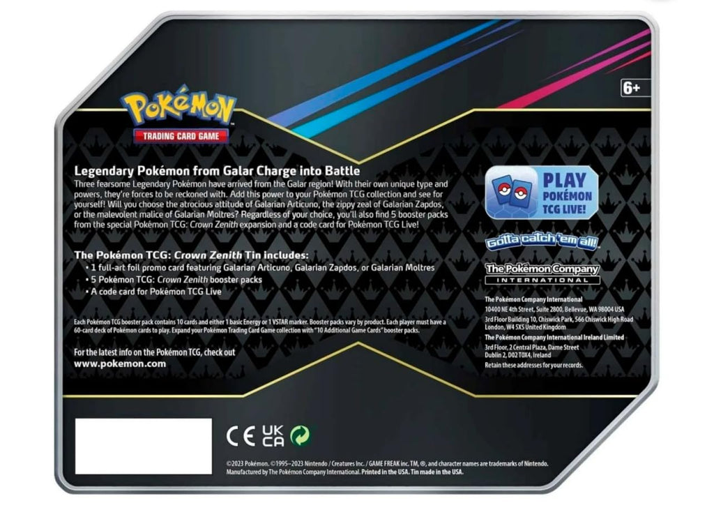 Pokemon Crown Zenith Galarian Zapdos Tin Set (5 Booster Packs & Promo Card)