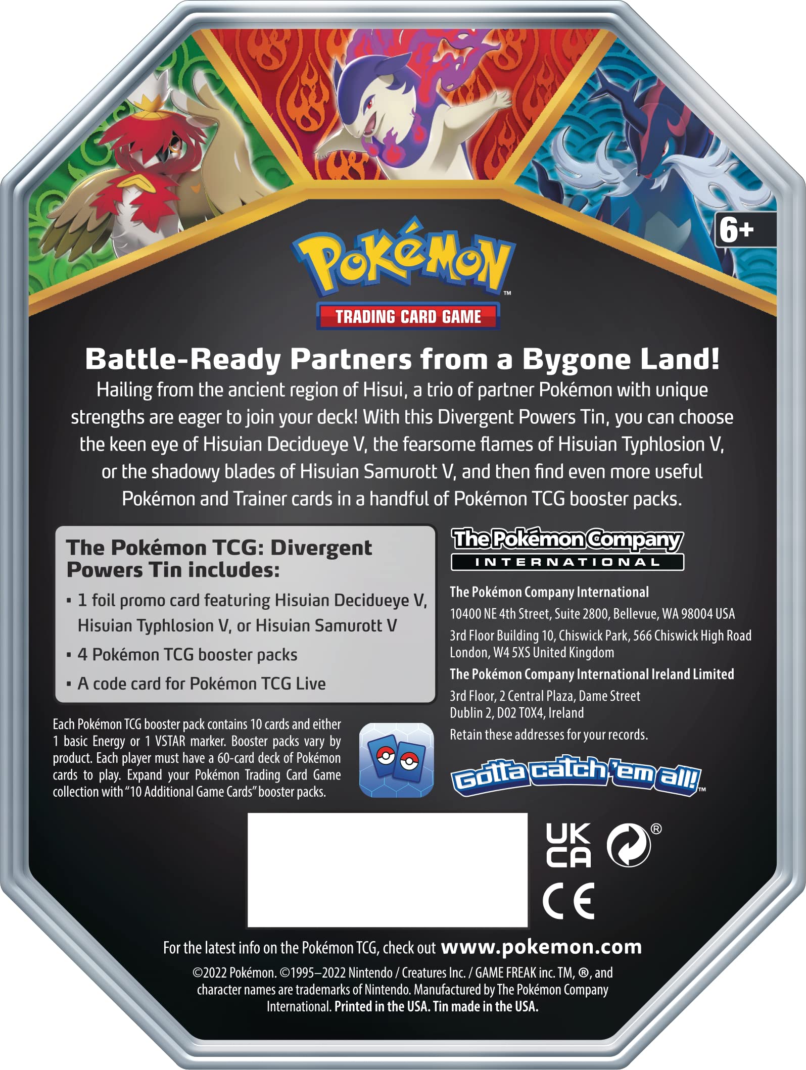 Pokémon TCG: Divergent Powers Tin – Hisuian Decidueye V (1 Foil Card & 4 Booster Packs)