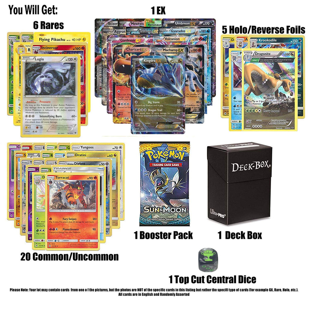 Pokemon EX Guaranteed With Booster Pack, 6 Rare Cards, 5 Reverse Holo, 20 Regular Pokemon, Deck Box and Top Cut Central Exclusive Dice