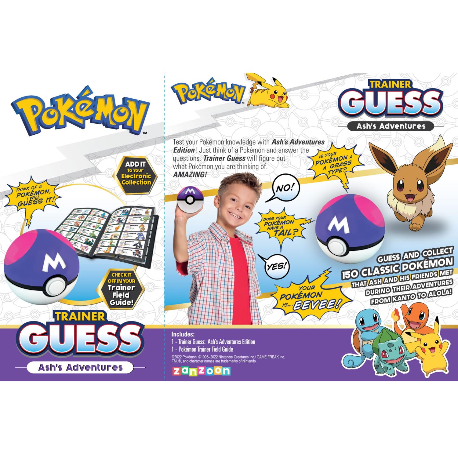 Pokemon Trainer Guess - Ash Adventures - Electronic Guessing Game, Collect 150 Pokemon, Field Guide, Talk to Your Light & Sound Poke Ball, Kids 6+ Brown Box Packaging