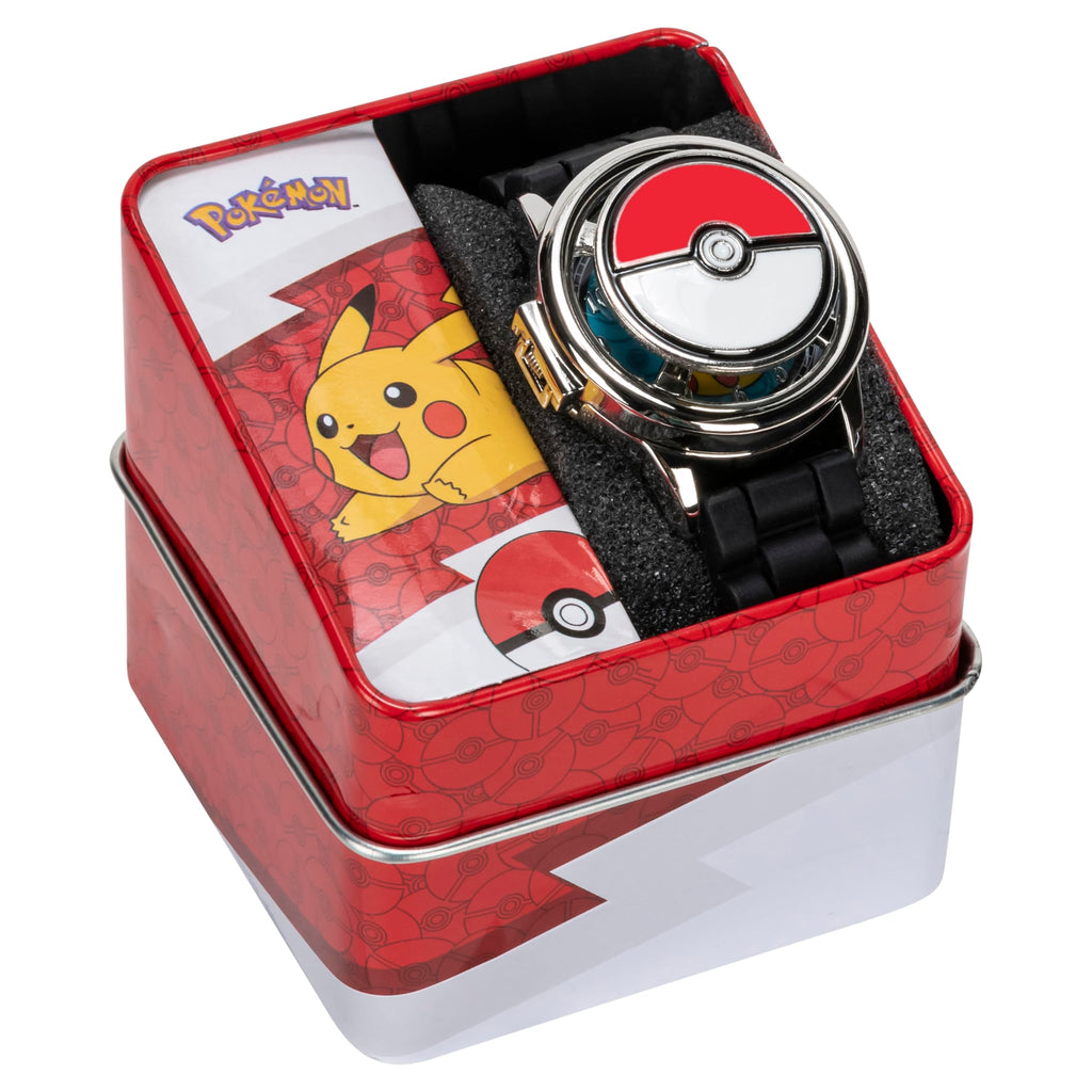 Pokémon Spinner Top Analog Watch for Kids – Features Iconic Poké Ball Spinner, Silver Metal Case, Comfortable Silicone Strap, and Pikachu Dial Art, Perfect for Pokémon Fans and Collectors