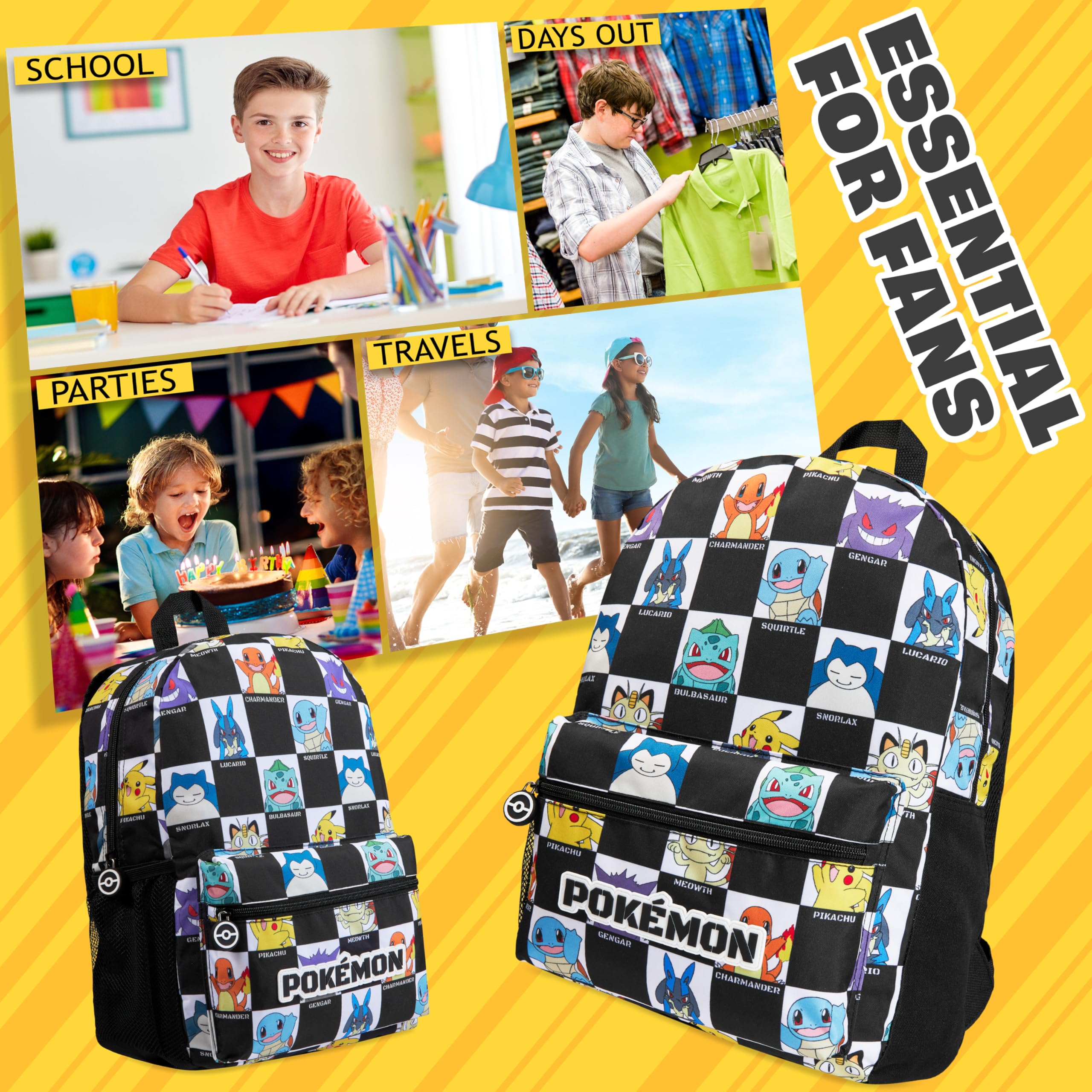 Pokemon Backpack for Kids Teens Pikachu Anime School Bag Daypack Backpacks for Daycare Sports School Supplies Gifts for Kids (Black/White)