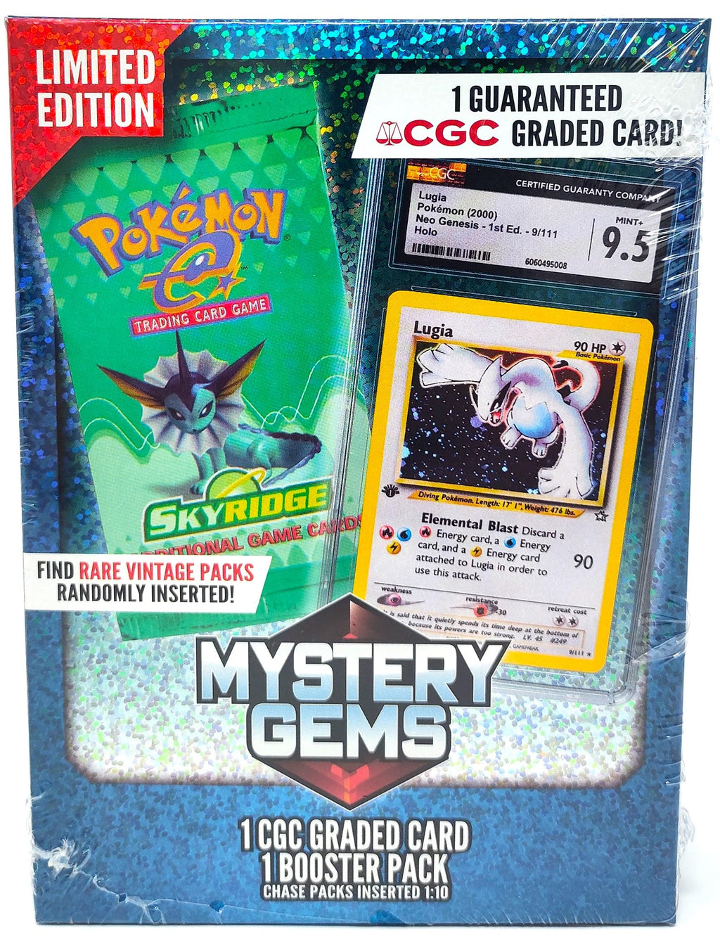 Pokemon Mystery Gems - 1 CGC Graded Card and 1 Booster Pack Per Box 1:10 Rare Vintage Packs Great Gift for Birthday or Special Occasions