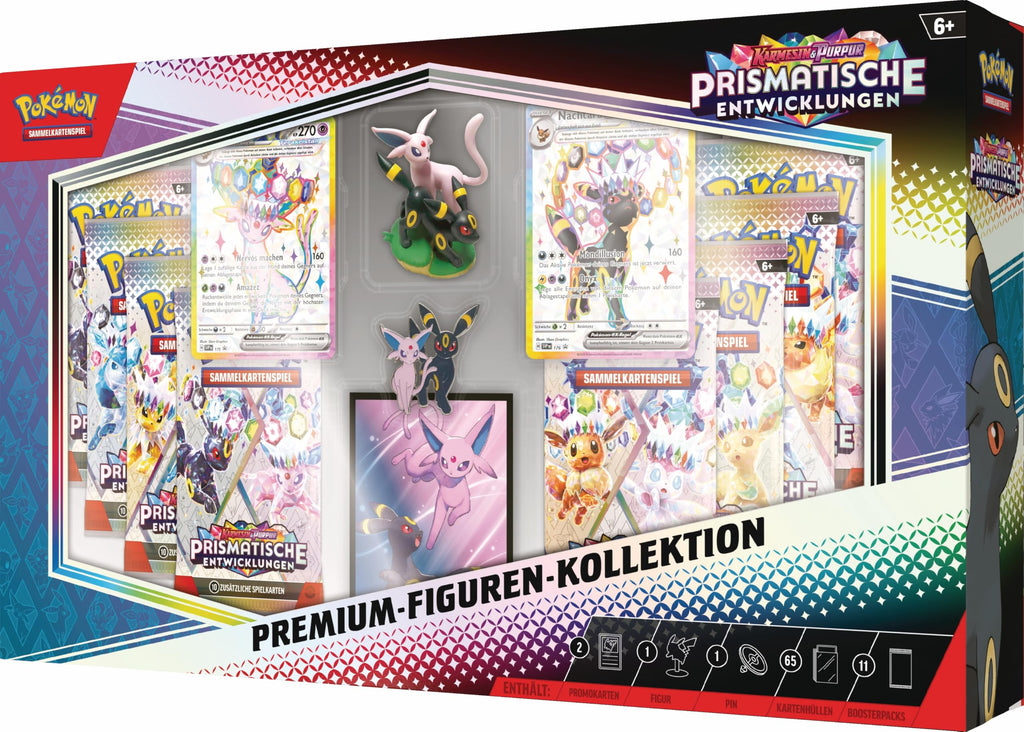 Pokémon Collectible Card Game: Karmesin & Purple Premium Figurines Collection - Prismatic Evolutions (2 Holographic Embossed Cards, 11 Boosters and More)